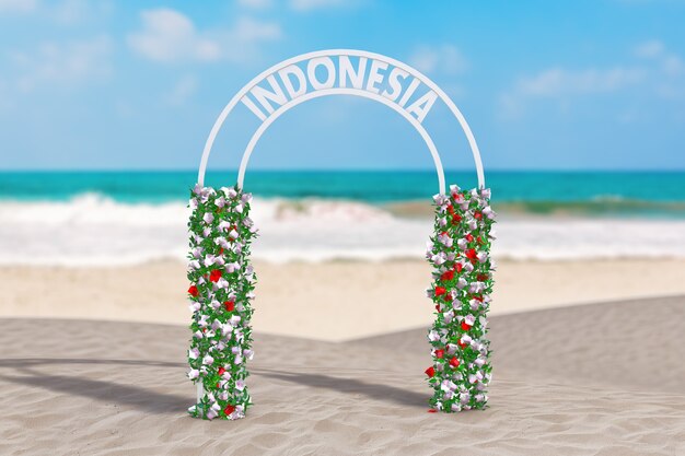 Welkom bij Indonesië Concept. Mooie Decor Arc, Gate of Portal met bloemen en Indonesië teken op een oceaan verlaten kust extreme close-up. 3D-rendering