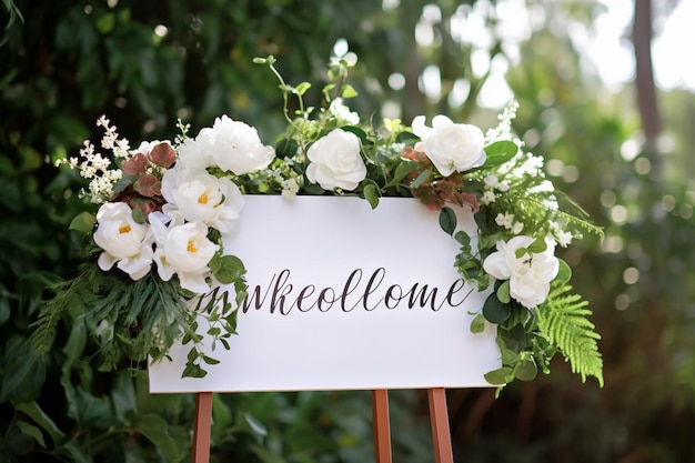 Welkom bord met kalligrafie en bloemenarrangementen