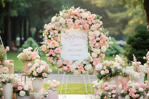 Welkom bord met kalligrafie en bloemenarrangementen