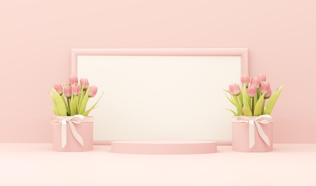 Welkom bord mockup met internationale Vrouwendag Valentijnsdag Geschenk van tulpenbloemen