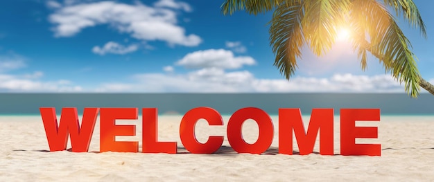 Welkom concept met slogan op het strand met palmboom en blauwe lucht