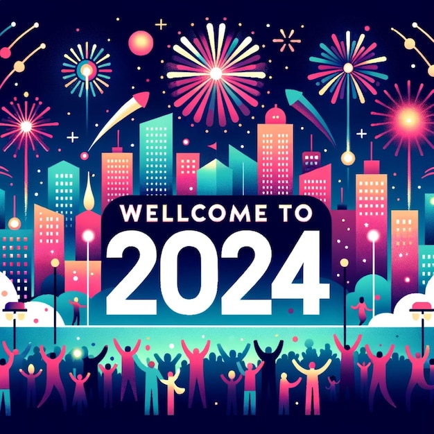 Welkom in 2024 mensen vieren het nieuwe jaar met feestelijk vuurwerk