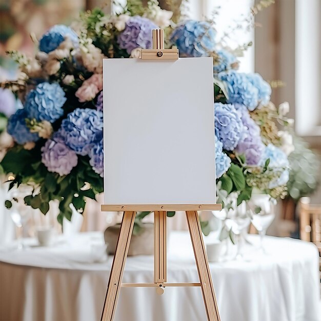 Welkom teken verticale mockup kaart op bloemen achtergrond hortensia blauwe bloemen