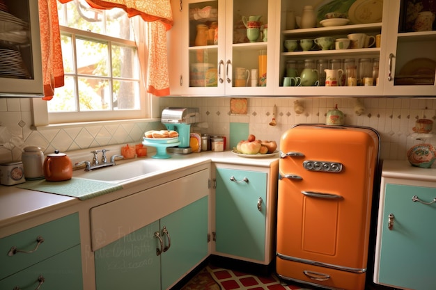 Photo a well composed shot of a retro style kitchengenerative ai