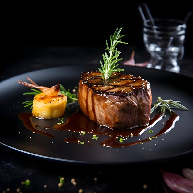 Premium Photo | Well done stake on black plate on dark background High ...