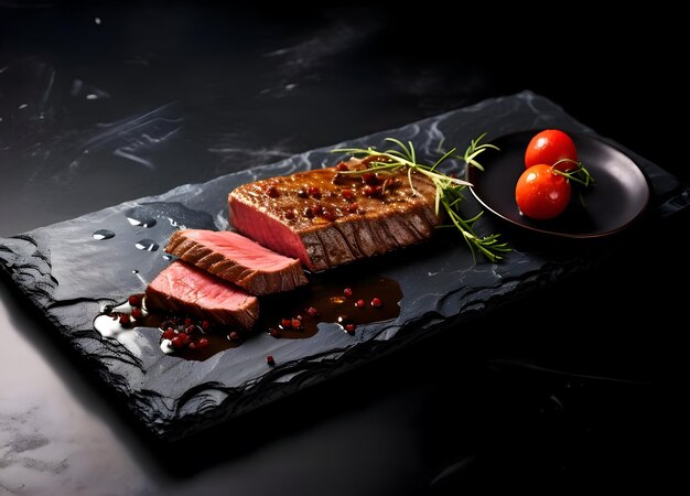 Well done stake on black plate on dark background High quality