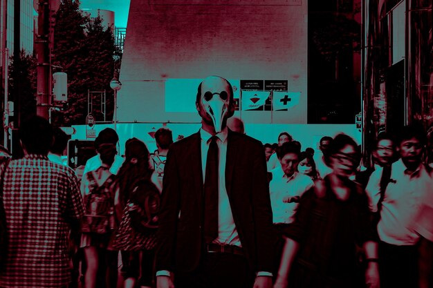 Фото Хорошо одетый мужчина в маске среди людей на улице