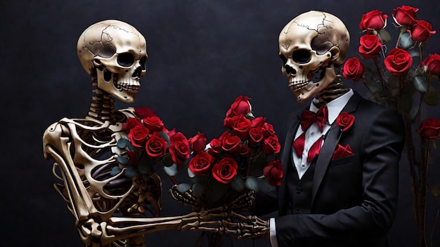 Well dressed men and women skeletons handover red rosses