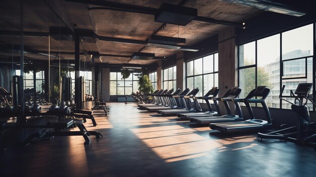 Well equipped gym centered around fitness natural sunlight