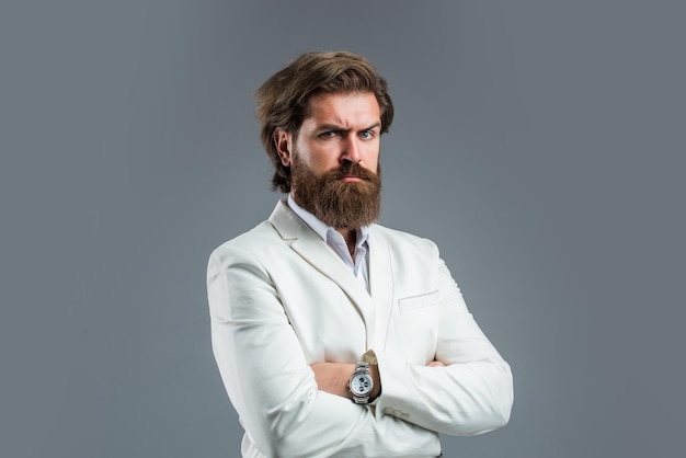 Well groomed hipster public figure man white suit famous\
speaker concept