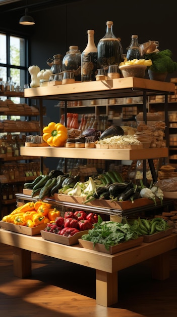 新鮮な農産物,製品,その他の食品を収納した,よく整理された食料品店の棚