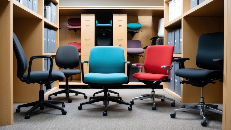 Photo a well organized office with colorful chairs and efficient shelving