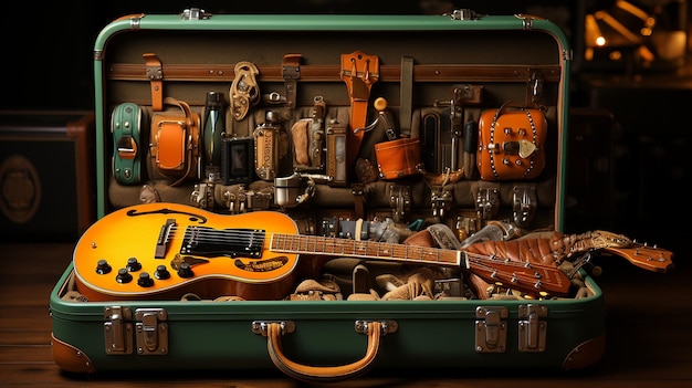 Foto custodia per chitarra ben organizzata con scomparti per plettri e accessori