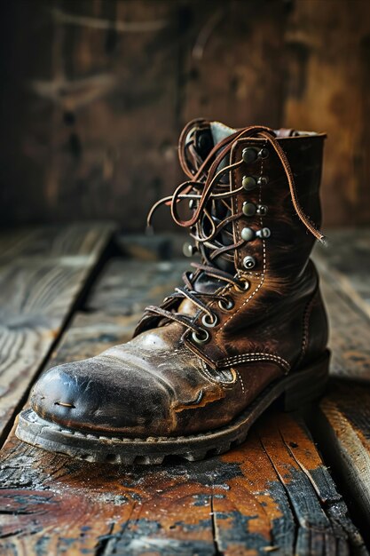 Photo a wellcrafted cowboy boot with intricate designs and a patina finish presented on a rustic wooden