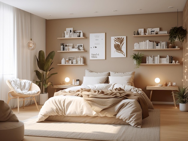 Хорошо спроектированный бежевый интерьер спальни с комфортной мебелью