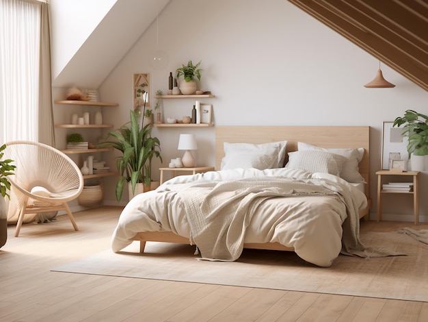 麗にデザインされた軽い木製の寝室インテリア 招待とやかなAI生成