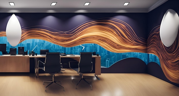 A welldesigned office space with a colorful mural on the wall