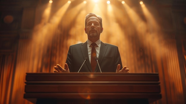 Foto un uomo ben vestito pronuncia un discorso sul podio nell'auditorium