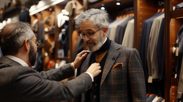 A welldressed man getting fitted for a suit in a highend store The tailor is carefully measuring the mans chest to ensure a perfect fit