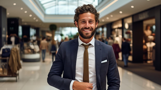 A welldressed man smiles at the camera in a shopping mall