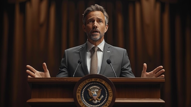 WellDressed Man Speaking at Presidential Podium