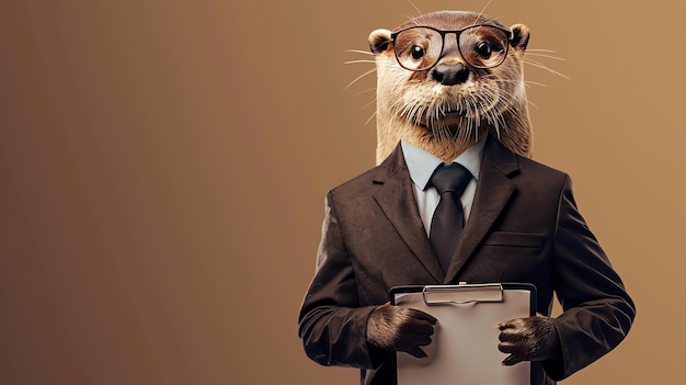 Photo a welldressed otter wearing glasses and a suit is holding a clipboard it is standing against a solid brown background