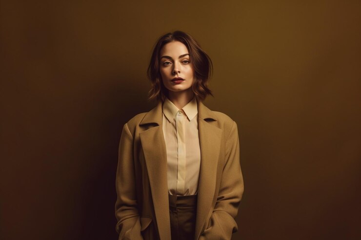 Welldressed woman posing on studio beige background dark light photography