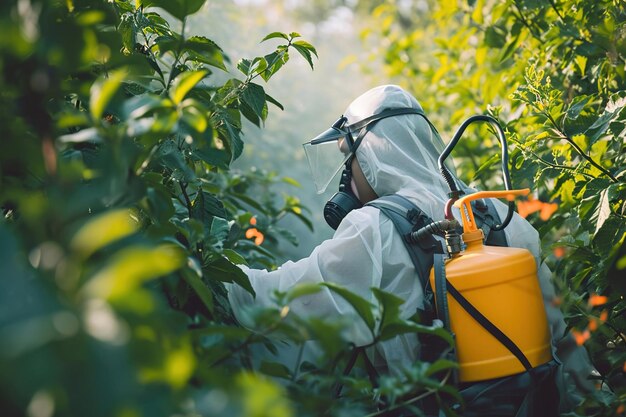 Wellequipped pest control technician monitoring a greenhouse environment and spray with detergent