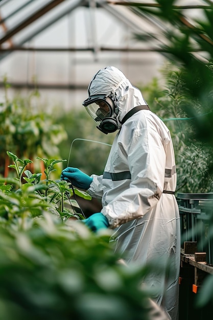 Wellequipped pest control technician monitoring a greenhouse environment