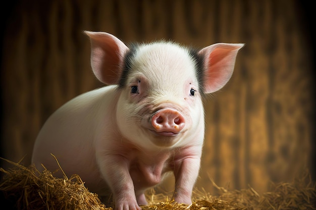 Wellfed little pig with pink ears at pig farm