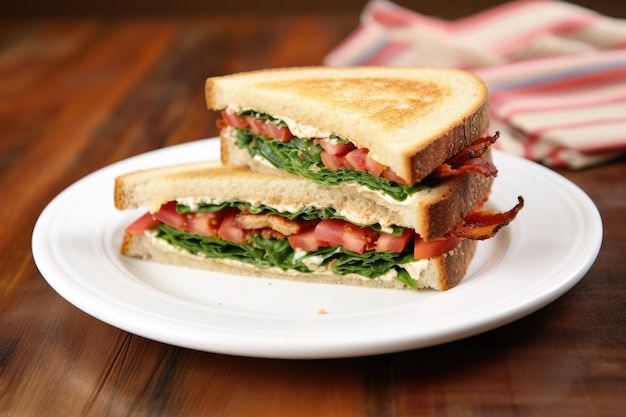 A wellgrilled blt sandwich on a square plate