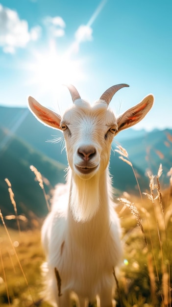 Wellgroomed goat on green meadow on a sunny day Organic dairy Agricultural landscape Generative AI