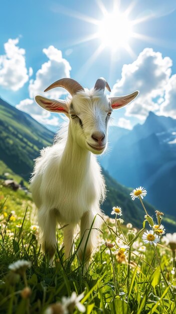 Photo wellgroomed goat on green meadow on a sunny day organic dairy agricultural landscape generative ai