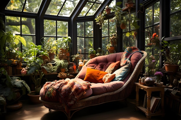 A welllit comfy spot to read near the window decorated with various plants in pots and cozy textiles