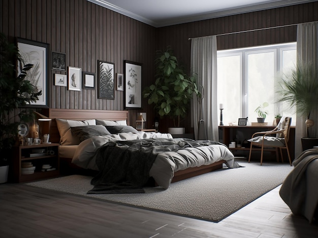 Welllit dark wood bedroom interior with cozy furniture AI Generated