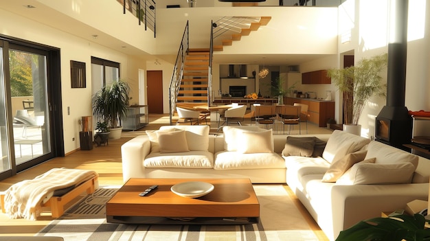 A welllit living room showcasing a modern style with an abundance of furniture and a prominent staircase