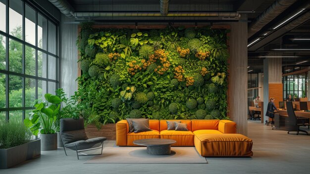 Photo a welllit modern office with a stunning green living wall filled with lush perennial plants