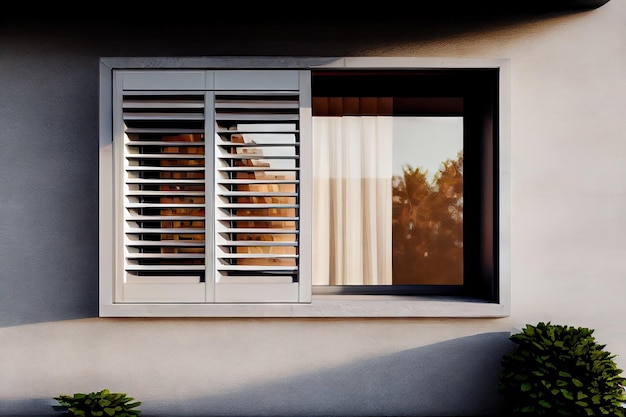 Wellmaintained window with sleek and stylish louvers that provide privacy and natural light
