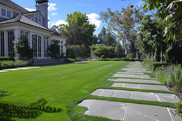 Photo a wellmanicured lawn stretches beside a stone pathway in the garden of a luxurious house