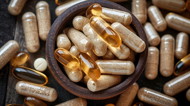 Wellness Care Top View of Herbal Pills in Bowl