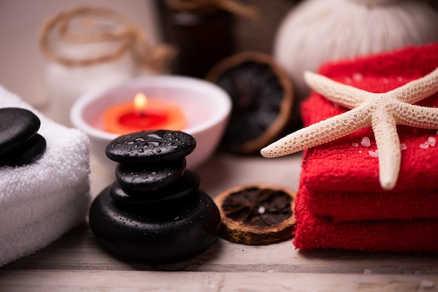 Wellness docoration on valentine's day with candels and stones