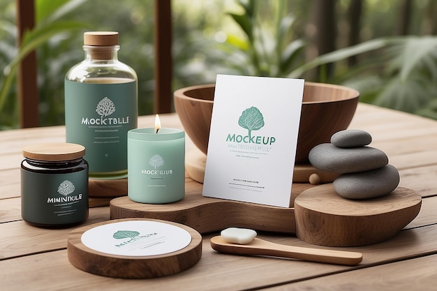 Photo wellness retreat branding mockup feature the logo on mindfulness materials spa treatments and outdoor signage