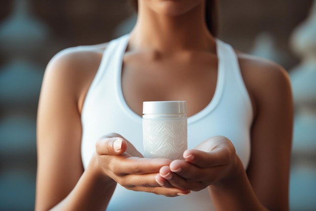 Wellness ritual Woman holds cream emphasizing hand care SPF protection and healthy skin