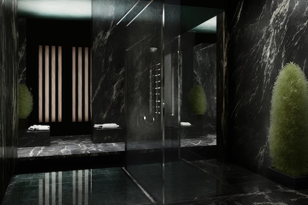 Wellness spa with black travertine walls and a glass floored shower