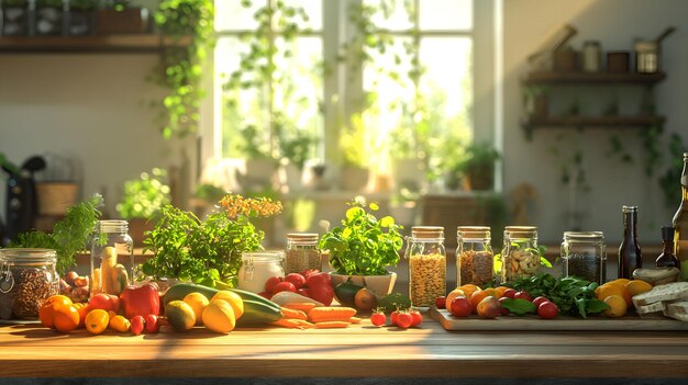 Wellness Wonderland Prachtig gerangschikt vers voedsel op zonneschijn keukentafel