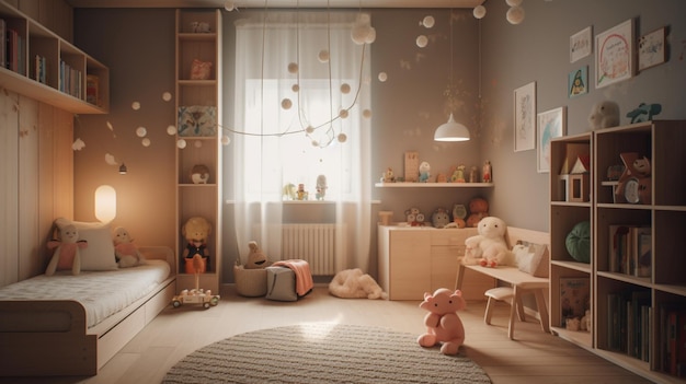 아늑한 독서 공간과 장난감이 있는 잘 정돈된 어린이 공간