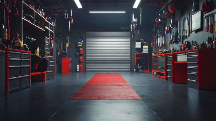 Photo a wellorganized garage workshop featuring red storage units tools and a red runner mat in a modern facility