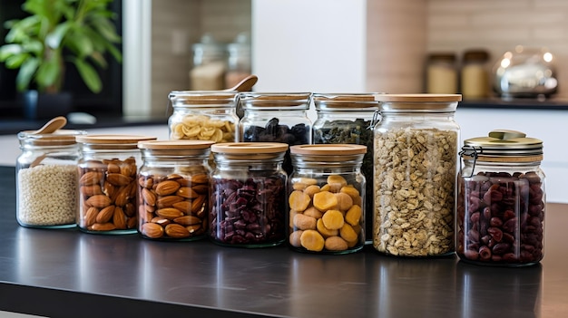 A wellorganized kitchen counter with an assortment of whole grains