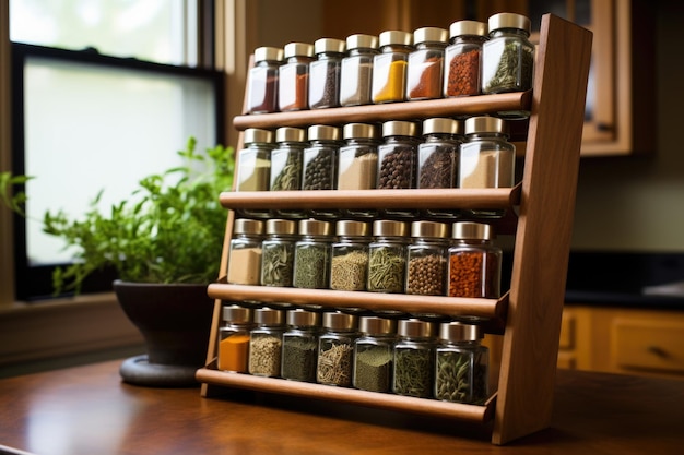 A wellorganized spice rack in a kitchen