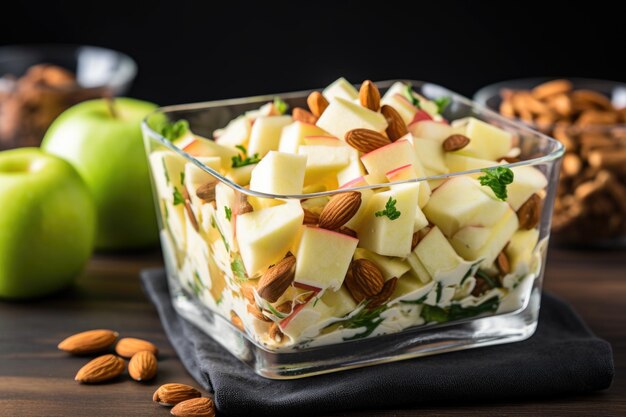 Wellpresented apple and almond salad in a square glass dish